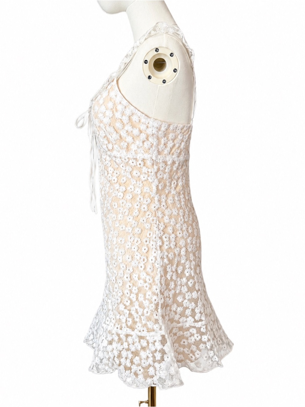 Lulu's White Daisy Lace Mini Dress Floral Embroidered Sheer Overlay Ruffe Straps - Picture 3 of 9